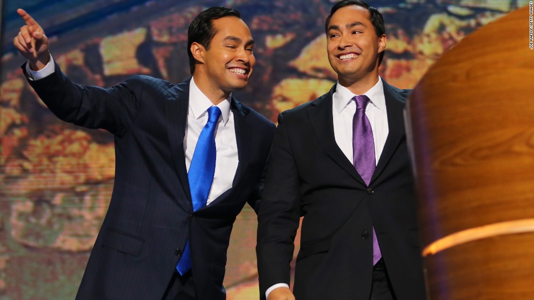 U.S. Rep. Joaquin Castro of Texas, left, and his twin brother then-San Antonio Mayor Julian Castro at the 2012 Democratic National Convention in Charlotte, North Carolina. Now secretary of the Department of Housing and Urban Development, Julian Castro is a contender to be the Democratic vice-president nominee.