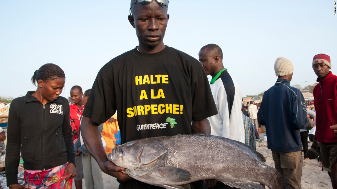 Fish monger with T-shirt reading &quot;stop overfishing&quot; at Soumbedioune fish market in Dakar, Senegal.
