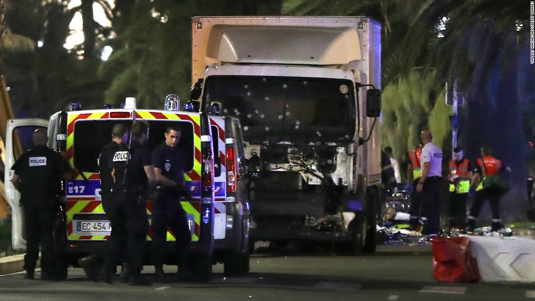 The truck plowed into a crowd leaving a Bastille Day fireworks display in the French resort city of Nice. One witness, an American who was about 15 feet from the truck, said the driver accelerated and pointed his tractor-trailer into the crowd, mowing people over. 