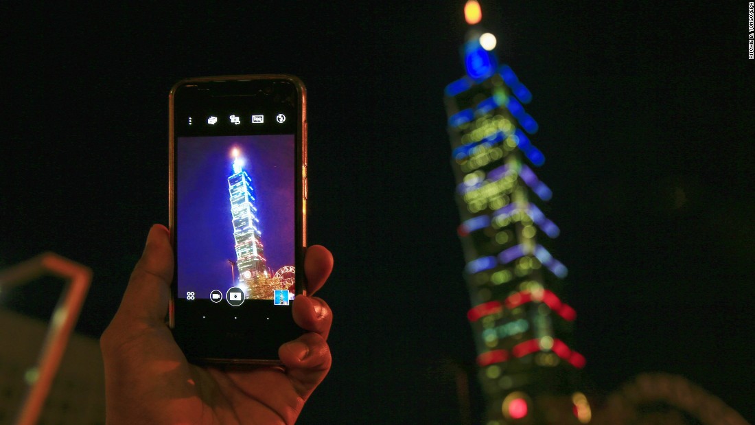 Taiwan skyscraper Taipei 101 is lit in the colors of the French flag on July 15.