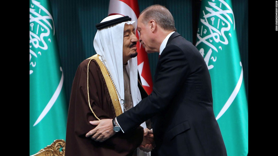 Erdogan, right, shakes hands with King Salman of Saudi Arabia after the Saudi monarch received Turkey&#39;s highest state medal during a ceremony at the presidential complex in Ankara, Turkey, on Tuesday, April 12. 