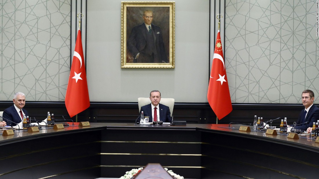 Erdogan, center, chairs the meeting of the 65th Cabinet of Turkey at the presidential complex in Ankara, Turkey, on Wednesday, May 25.