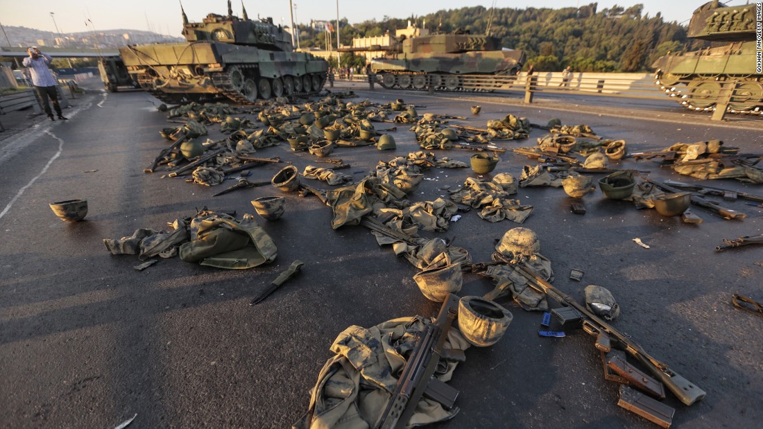 Clothes and weapons belonging to soldiers involved in the coup attempt are scattered on Bosphorus Bridge in  Istanbul.