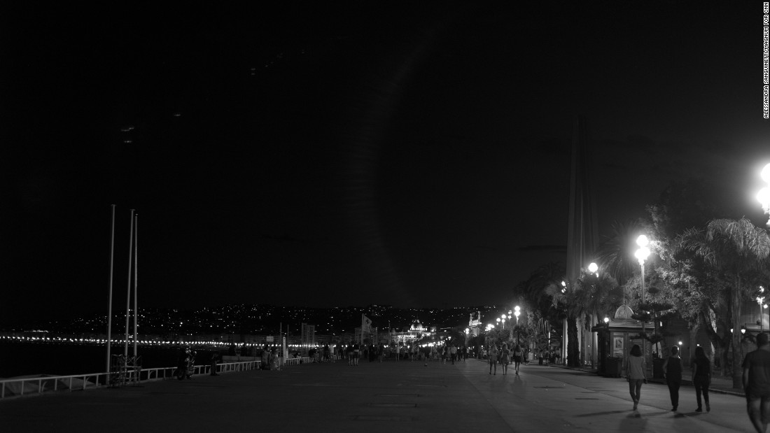 The Promenade des Anglais in Nice, France, is seen the night after a man killed at least 84 people with a truck as they were celebrating Bastille Day. Magnum photographer Alessandra Sanguinetti went to Nice the day after the truck attack.