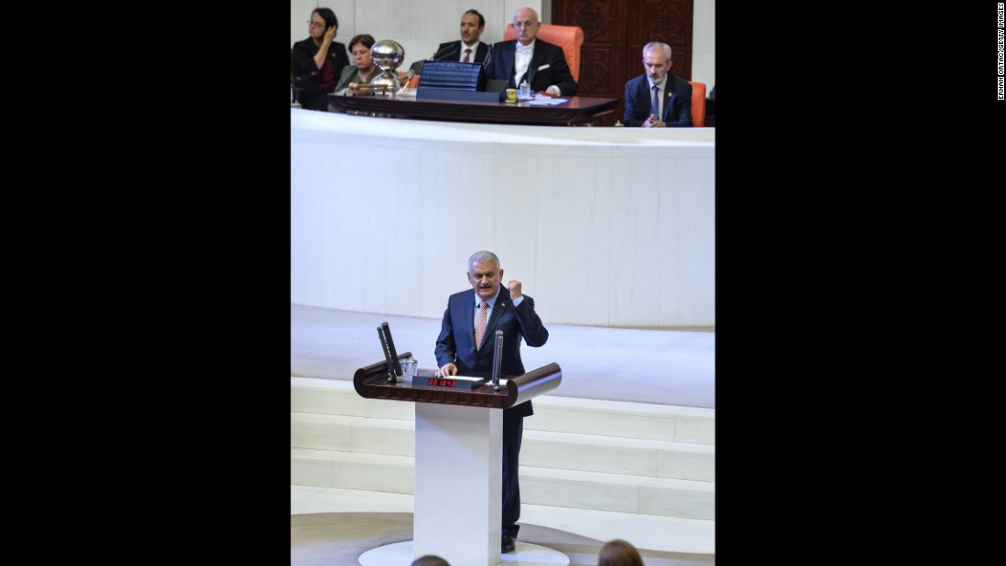 Turkey Prime Minister Binali Yildirim addresses the Turkish Parliament after the failed coup attempt.  