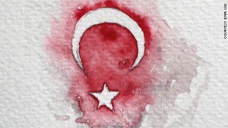 Emir Isik sketched the Turkish flag after Friday&#39;s violent night. 