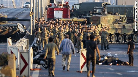 Soldiers in the coup attempt surrender Saturday on Istanbul&#39;s Bosphorus Bridge. 