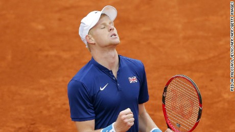 Britain&#39;s Kyle Edmund reacts after sealing their Davis Cup passage to the World Group semifinals after beating Serbia&#39;s Dusan Lajovic 