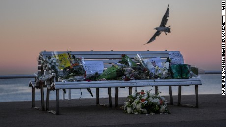 A tribute on a bench honors the victims Sunday on the Promenade des Anglais in Nice.  