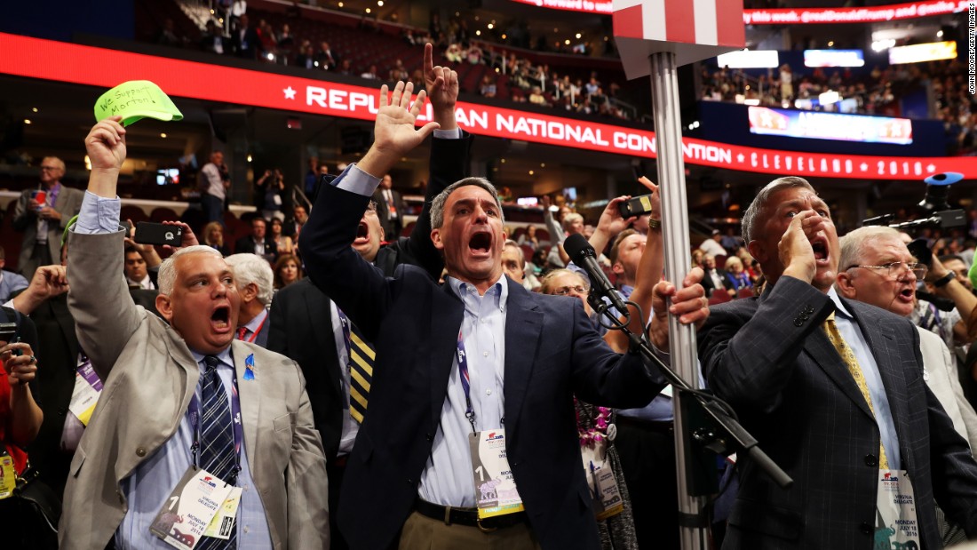 Former Virginia Attorney General Ken Cuccinelli, center, was among the delegates shouting for a roll call vote Monday on the rules of the Republican National Convention. GOP officials &lt;a href=&quot;http://www.cnn.com/2016/07/18/politics/rnc-procedural-votes-rules-committee/index.html&quot; target=&quot;_blank&quot;&gt;dismissed the move,&lt;/a&gt; saying there were not enough signatures to force a roll call vote. While it&#39;s unlikely a roll call vote would have rejected the rules package, it could have been an embarrassing protest vote against Trump and the Republican National Committee.