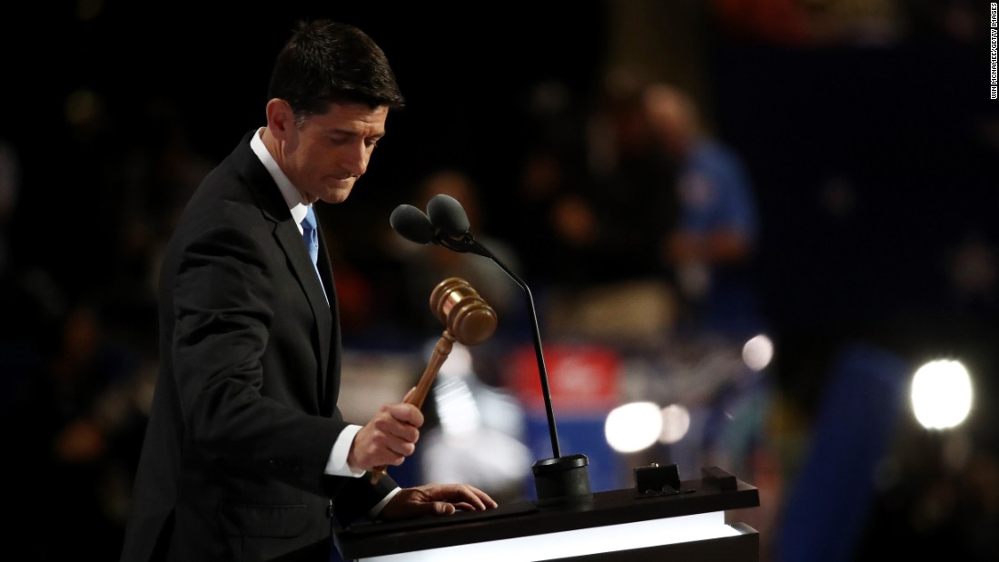 House Speaker Paul Ryan bangs the gavel to open the second day of the convention on Tuesday.