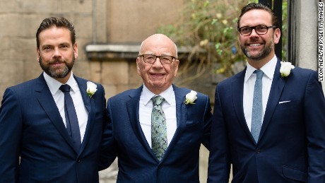 Rupert Murdoch surrounded by his sons Lachlan (left) and James (right) in 2016.