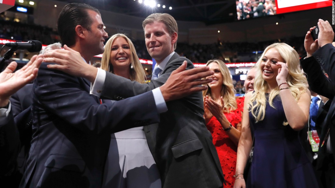 Four of Donald Trump&#39;s children -- from left, Donald Trump Jr., Ivanka Trump, Eric Trump and Tiffany Trump -- celebrate on the floor of the convention, where Donald Trump Jr. announced the New York delegates that clinched the nomination for his father.