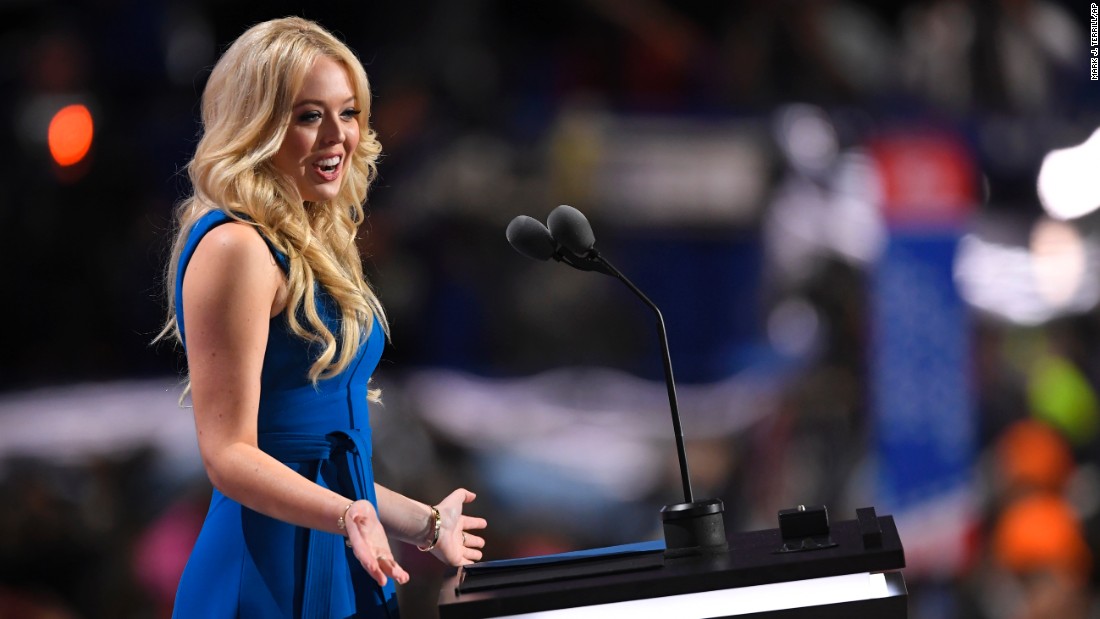 Donald Trump&#39;s daughter Tiffany addresses the crowd at Quicken Loans Arena. &quot;Whatever (my father) does, he gives it all and does it well,&quot; she said on Tuesday. &quot;His desire for excellence is contagious. He possesses a unique gift for bringing that out in others.&quot;