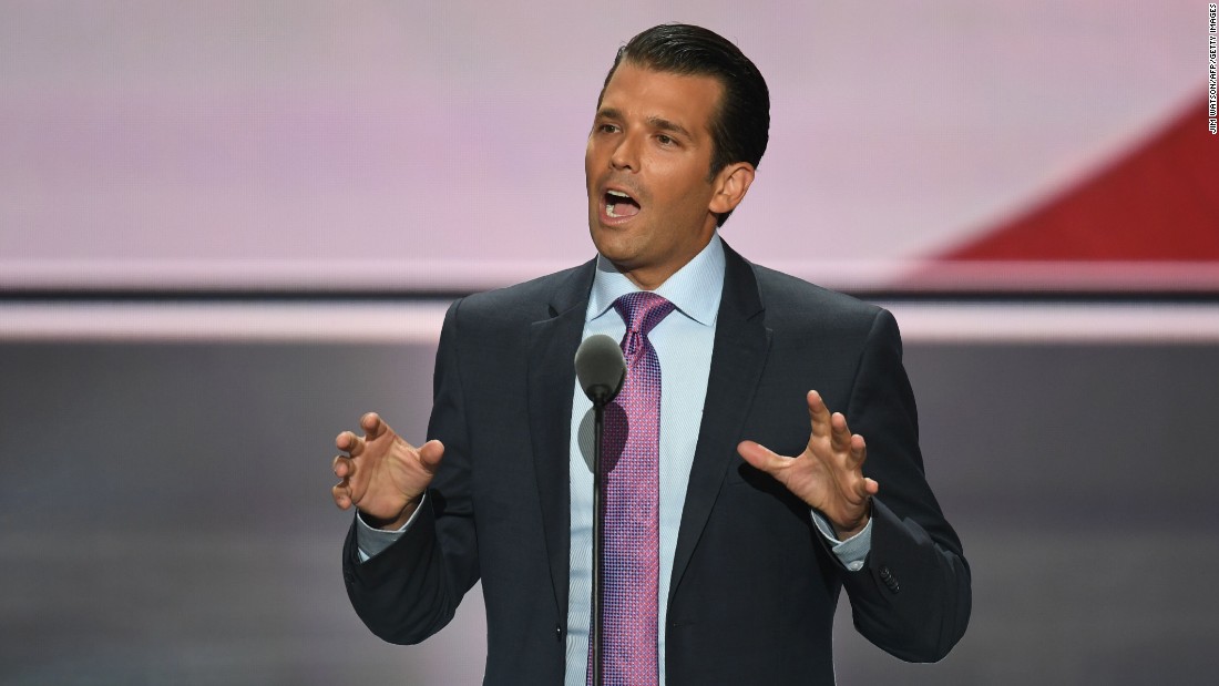 Donald Trump Jr. delivers a speech Tuesday. &quot;We need to elect a man who has a track record of accomplishing the impossible,&quot; he said of his father.