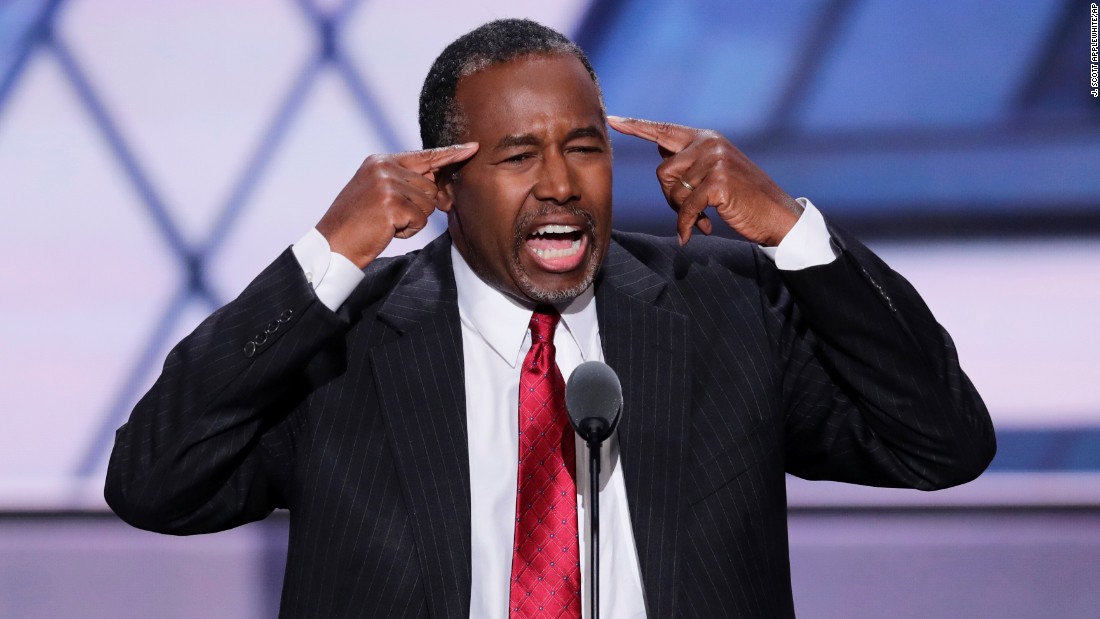 Ben Carson, a retired neurosurgeon and former presidential candidate, speaks on stage Tuesday. He said Trump skeptics who would vote for Hillary Clinton are &quot;not using their God-given brain to think about what they&#39;re saying. ... She&#39;ll be appointing people who will have an effect on us for generations. And America may never recover.&quot; 