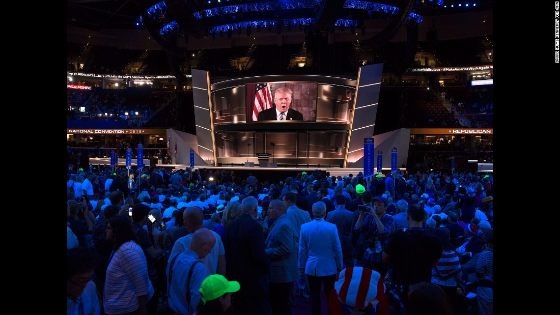 Trump addresses the crowd on Tuesday. &quot;We&#39;re going to make America great again,&quot; he said in a video message shortly after winning the nomination. &quot;Have a fantastic evening. I&#39;ll see you tomorrow night, I&#39;ll see you Thursday night, and we will win in November.&quot;