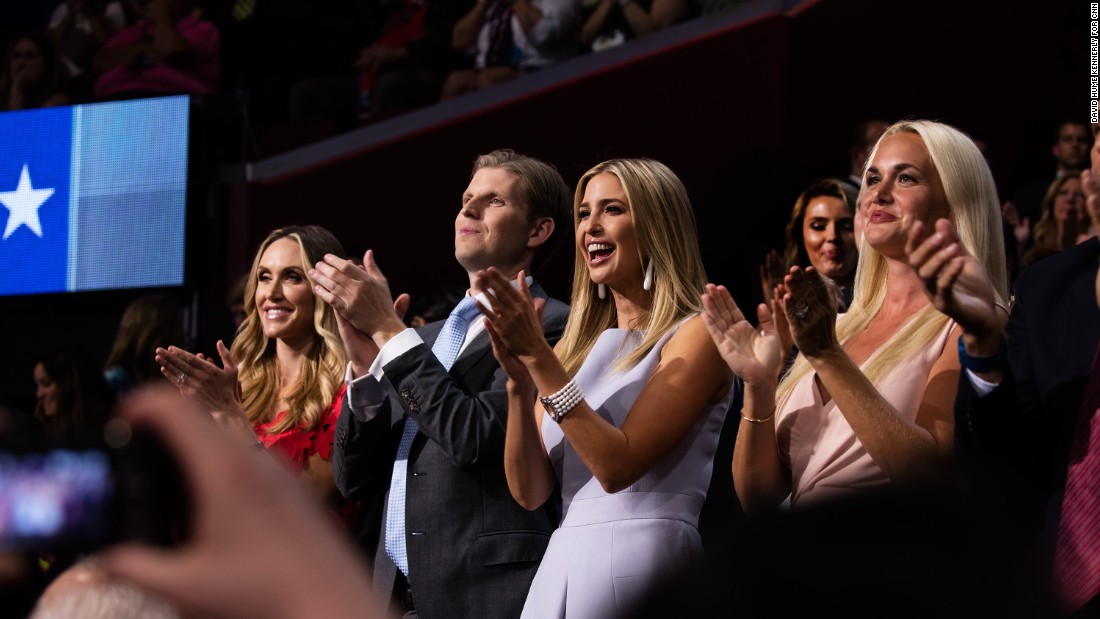 Members of the Trump family watch as Donald Trump Jr. gives his speech.