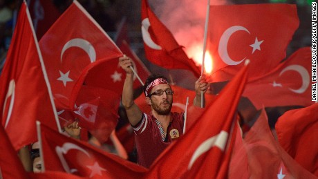 Turkish flags turn Taksim Square into a sea of red. 