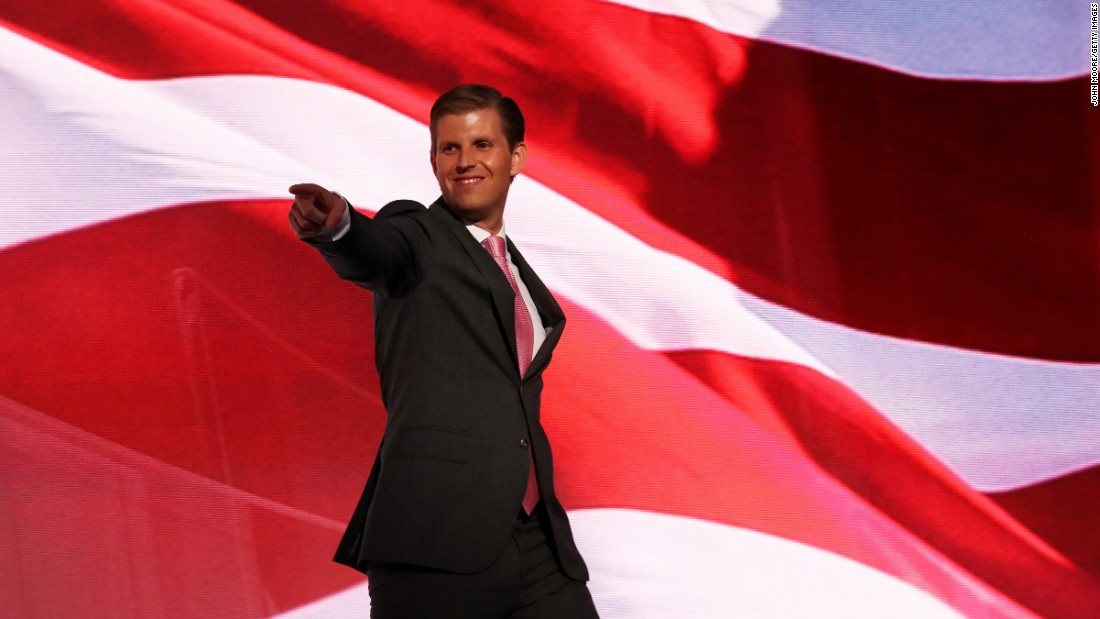 Eric Trump, one of Donald Trump&#39;s sons, walks on stage to deliver a speech Wednesday.