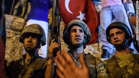 Turkish solders at Taksim Square in Istanbul on July 16, the day after a failed military coup.