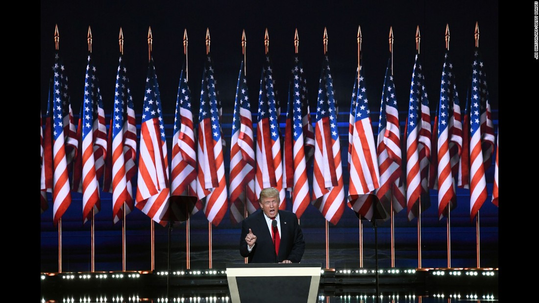 Trump, like many of the convention&#39;s speakers this week, went after Hillary Clinton, the Democratic Party&#39;s presumptive nominee. &quot;Big business, elite media and major donors are lining up behind the campaign of my opponent because they know she will keep our rigged system in place,&quot; he said. &quot;They are throwing money at her because they have total control over everything she does. She is their puppet, and they pull the strings.&quot;