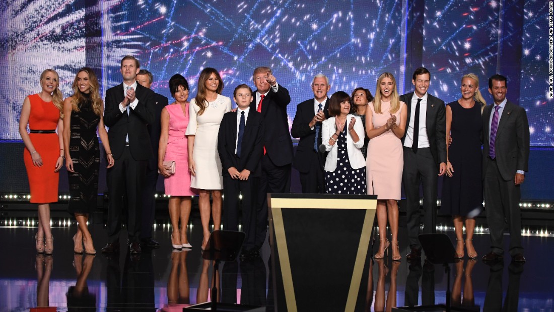 Trump&#39;s family joins him on stage along with the family of his running mate, Indiana Gov. Mike Pence.