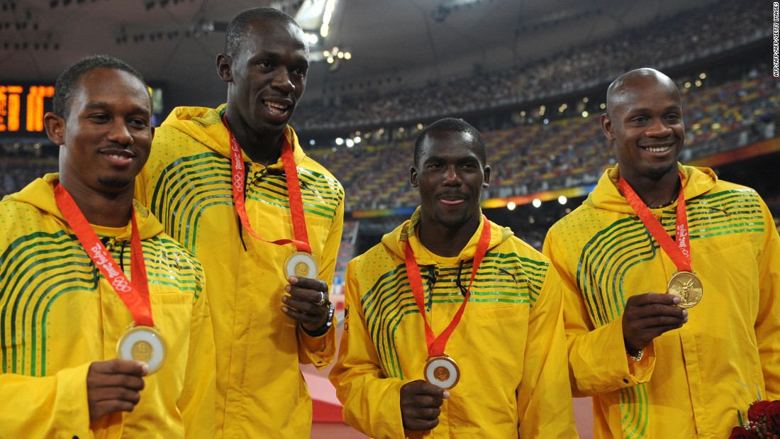Partnered by Michael Frater, Asafa Powell and Nesta Carter, Bolt claimed gold in the 4x100m relay in a then record time of 37.10.