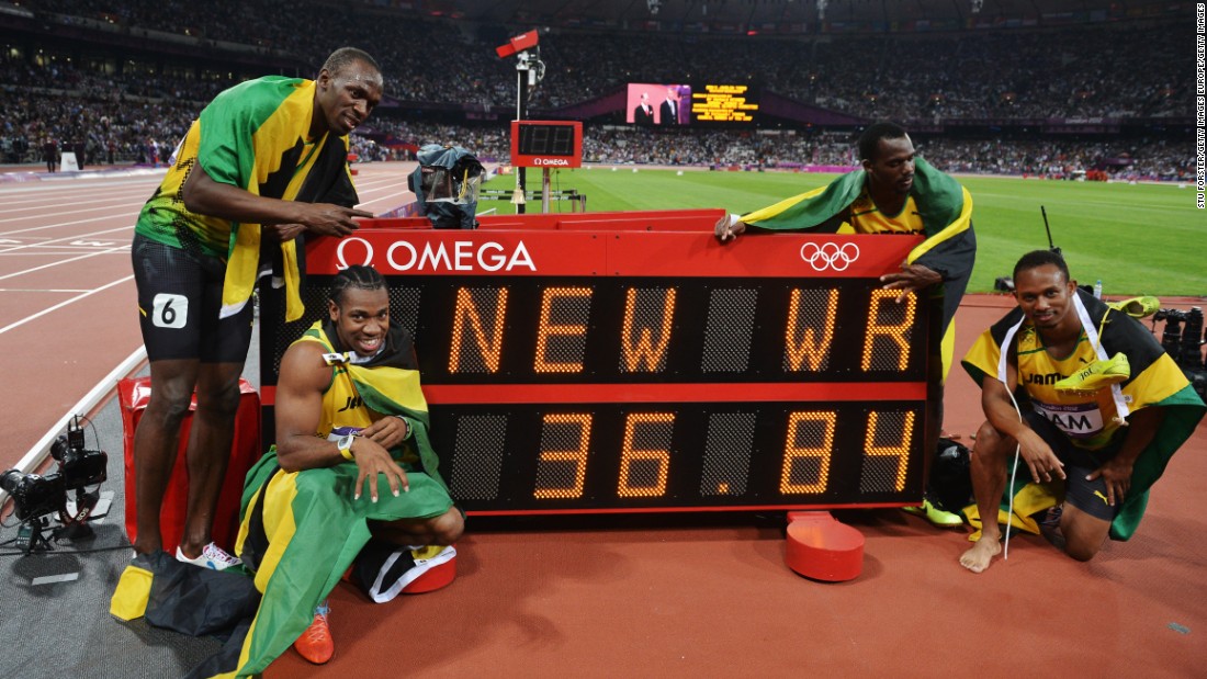 Bolt&#39;s historic &quot;double-triple&quot; sweep of gold medals was complete after winning the 4x100m relay with teammates Blake, Carter and Frater, recording the current world record of 36.84s in the process.
