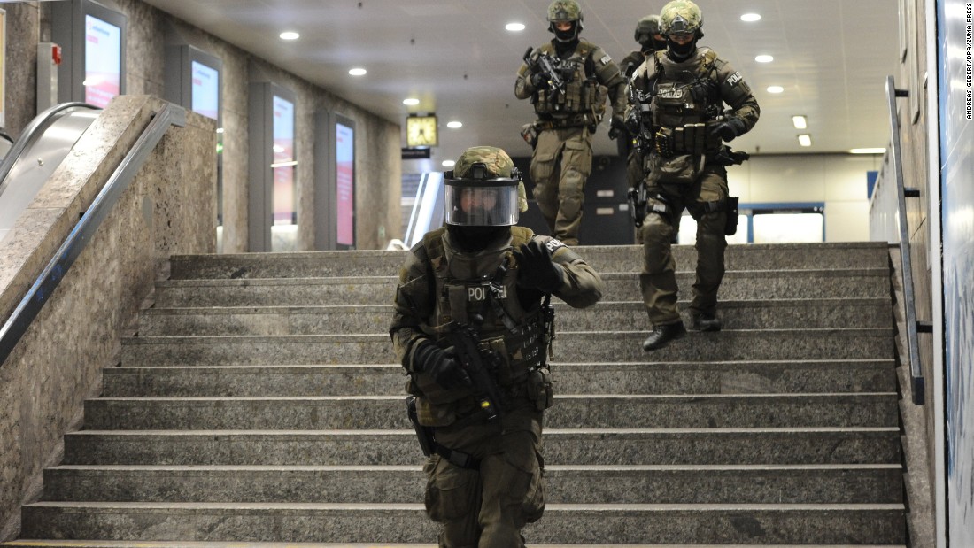 Police secure an underground transit station after a deadly shooting in Munich, Germany, on Friday, July 22. At least eight people were killed at a nearby shopping mall in what police officials said &quot;looks like a terror attack.&quot; Police are still looking for the gunmen.