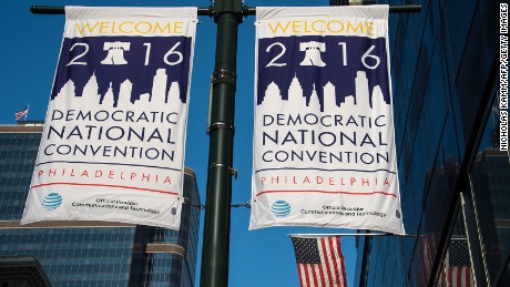 Banners announcing the US Democratic National Convention are displayed in Philadelphia on July 23, 2016, two days before the Democrats gather to formally annoint Hillary Clinton as their candidate for the November presidential election. 