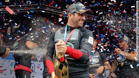 Ben Ainslie Celebrates victory with team Land Rover BAR at the America&#39;s Cup World Series in Portsmouth, England.