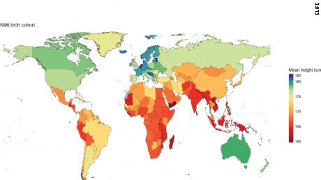 This map shows the distribution of the world&#39;s height, according to research published in eLife. 