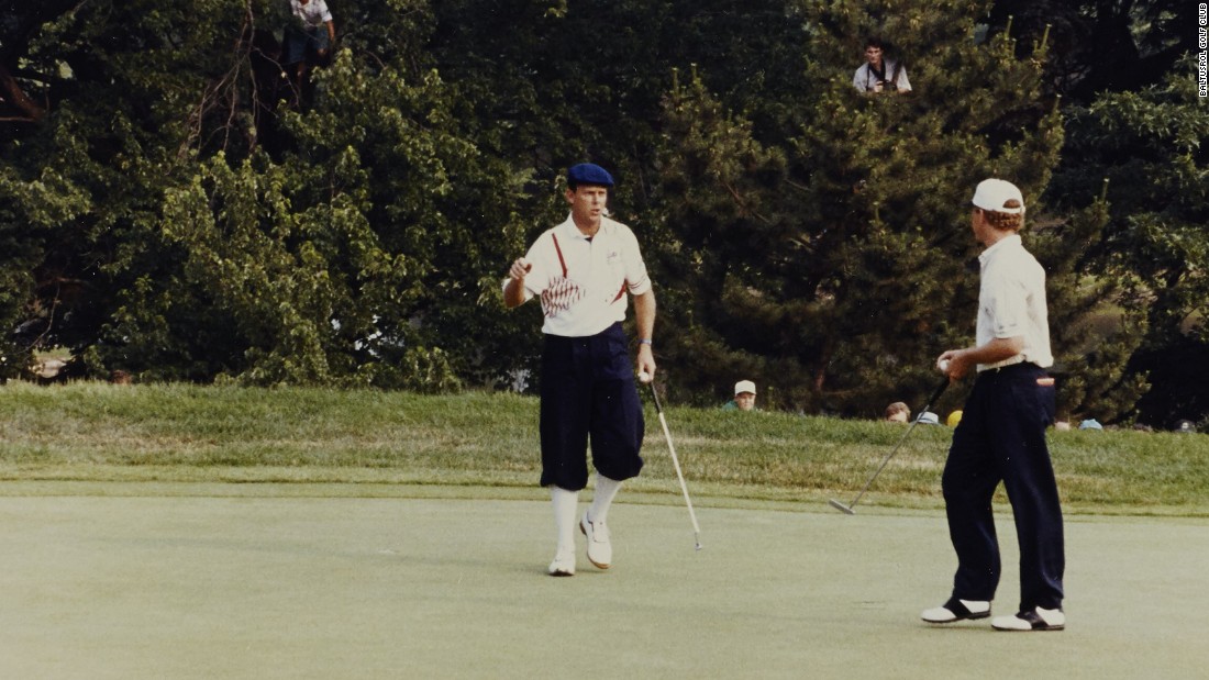 Baltusrol&#39;s next major was in 1993. Payne Stewart (left, sporting the colors of the Buffalo Bills NFL team) congratulates Lee Janzen -- who beat the 1991 champion by two shots to win the first of his two U.S. Opens, equaling Nicklaus&#39; 1980 scoring record. Spot the photographers in the trees.