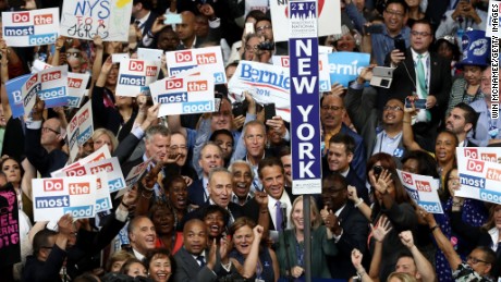 The New York delegation casts their votes during roll call along with Sen. Chuck Schumer (D-NY), New York Gov. Andrew Cuomo, Sen. Kirsten Gillibrand (D-NY),  Rep. Charles Rangel (D-NY) and New York City Mayor Bill De Blasio on the second day of the Democratic National Convention at the Wells Fargo Center, July 26, 2016 in Philadelphia, Pennsylvania. An estimated 50,000 people are expected in Philadelphia, including hundreds of protesters and members of the media. The four-day Democratic National Convention kicked off July 25.