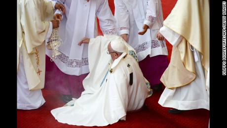 Pope Francis takes a fall during Mass in Czestochowa, Poland.