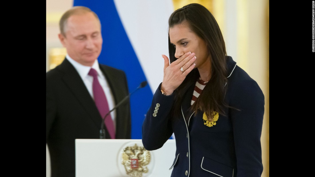 Yelena Isinbayeva is one of Russia&#39;s most famous athletes, but she won&#39;t be at the Rio Games. The polevaulter is barred from competing due to the blanket ban the IAAF placed on Russian track and field athletes. She wiped away a tear after giving a speech during a reception for the team hosted by President Putin.