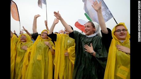 Nuns wait for the arrival of Pope Francis to Blonia Park in Krakow.