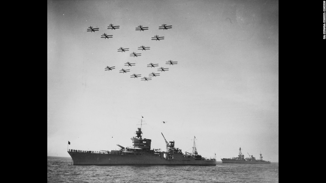 Torpedo planes pass over the cruiser during a fleet review off New York City in 1934. President Franklin D. Roosevelt was on the Indianapolis during the ceremony. 