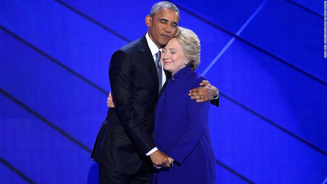 Obama hugs Clinton after he gave a speech at the Democratic National Convention in Philadelphia. The president said Clinton was ready to be commander in chief. &quot;For four years, I had a front-row seat to her intelligence, her judgment and her discipline,&quot; he said, referring to her stint as his secretary of state.