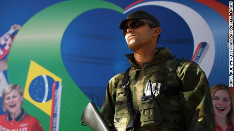 A Brazilian soldier stands guard outside the Olympic Russian house in Copacabana beach, in Rio de Janeiro, on August 1, 2016. / AFP / KIRILL KUDRYAVTSEV        (Photo credit should read KIRILL KUDRYAVTSEV/AFP/Getty Images)