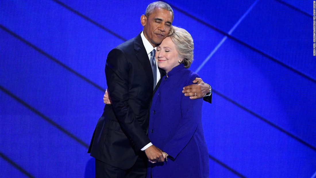 Obama hugs Hillary Clinton after speaking at the Democratic National Convention in July 2016. Obama told the crowd at Philadelphia&#39;s Wells Fargo Center that Clinton is ready to be commander in chief. &quot;For four years, I had a front-row seat to her intelligence, her judgment and her discipline,&quot; he said, referring to Clinton&#39;s stint as secretary of state.