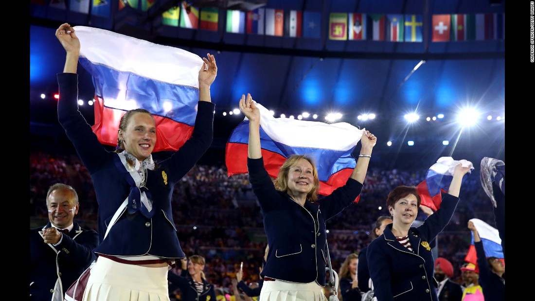 Members of the Russian team take part in the parade of nations.