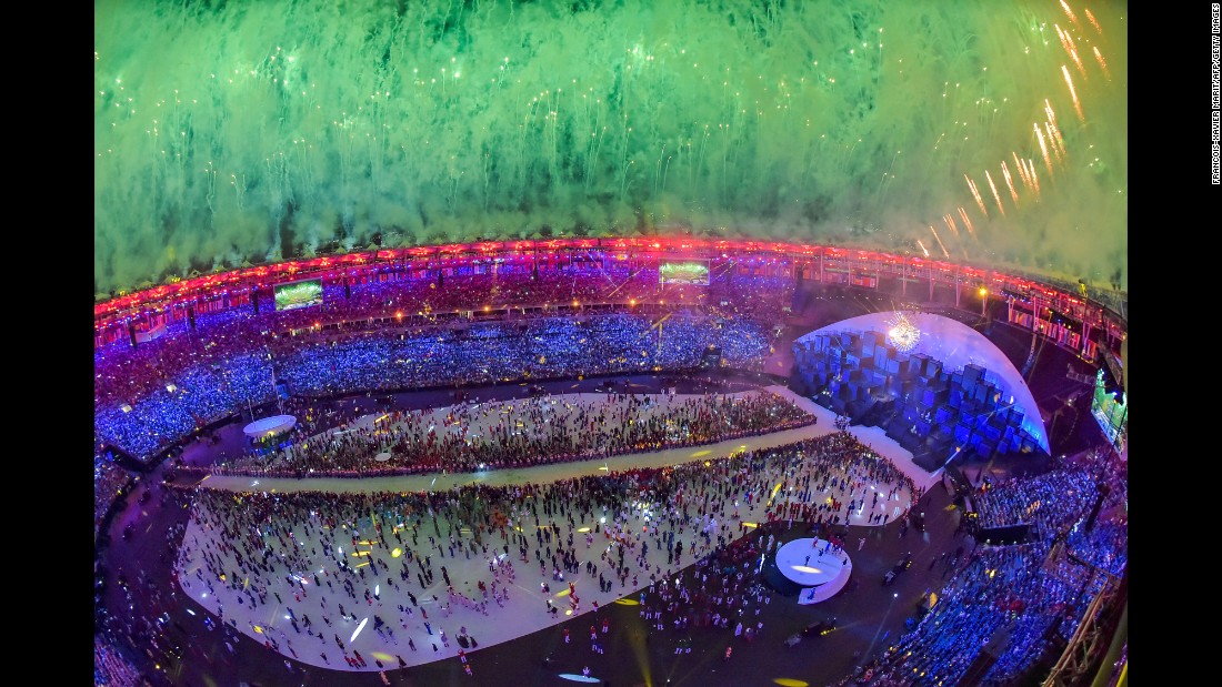 Fireworks explode over the Maracana Stadium in Rio de Janeiro at the end of the opening ceremony on Friday, August 5.