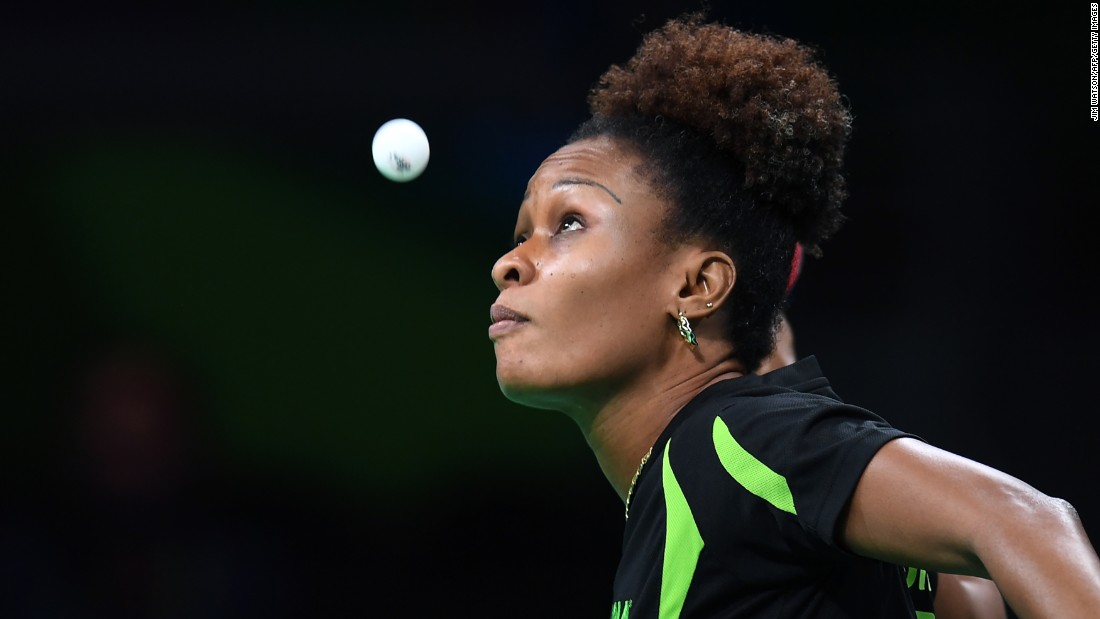 Nigeria&#39;s Olofunke Oshonaike keeps her eyes on the ball during the women&#39;s singles qualification round table tennis match.