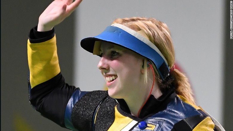 USA's Virginia Thrasher celebrates after winning the women's 10m air rifle shooting final at the Rio 2016 Olympic Games at the Olympic Shooting Centre in Rio de Janeiro on August 6, 2016. / AFP / Pascal GUYOT        (Photo credit should read PASCAL GUYOT/AFP/Getty Images)