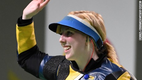USA&#39;s Virginia Thrasher celebrates after winning the women&#39;s 10m air rifle shooting final at the Rio 2016 Olympic Games at the Olympic Shooting Centre in Rio de Janeiro on August 6, 2016. / AFP / Pascal GUYOT        (Photo credit should read PASCAL GUYOT/AFP/Getty Images)