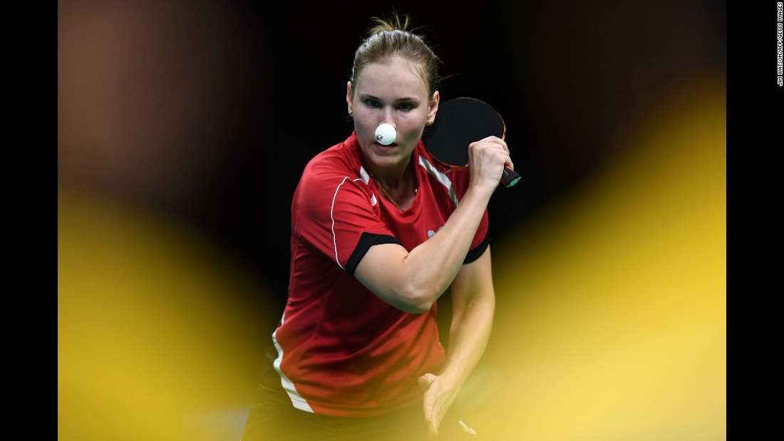Belarus&#39; Alexandra Privalova has a nose for the ball in her women&#39;s singles qualification-round table tennis match.