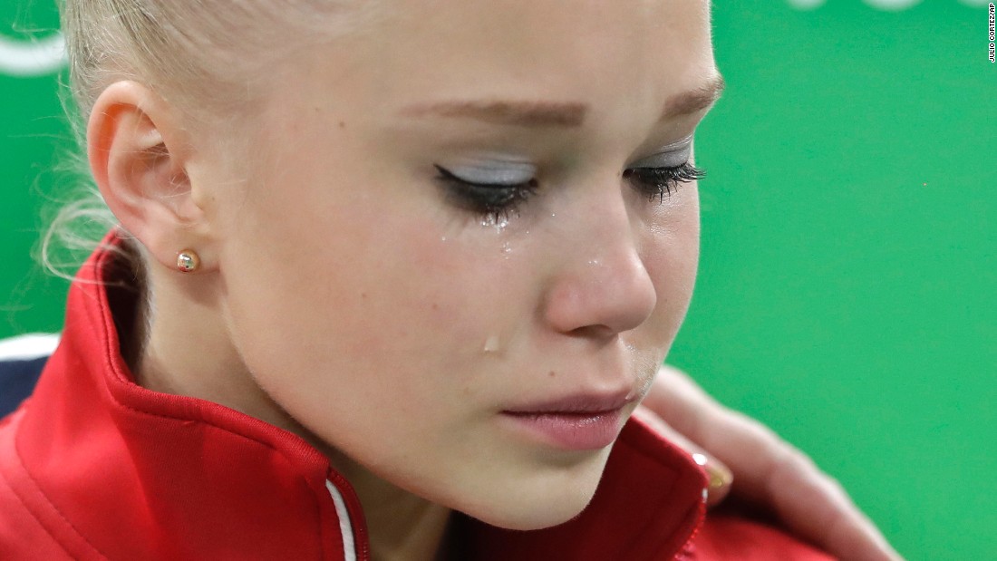 A tear runs down the face of Russia&#39;s national all-round champion Angelina Melnikova as she leaves the arena after failing to qualify for the final of the artistic gymnastics women&#39;s competition. 