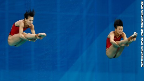  Tingmao Shi and Minxia Wu of China compete in the Women&#39;s Diving Synchronised 3m Springboard Final